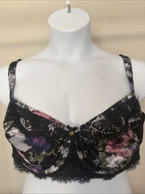 Cacique Black Floral Lace Unlined Balconette Bra Size 46D
